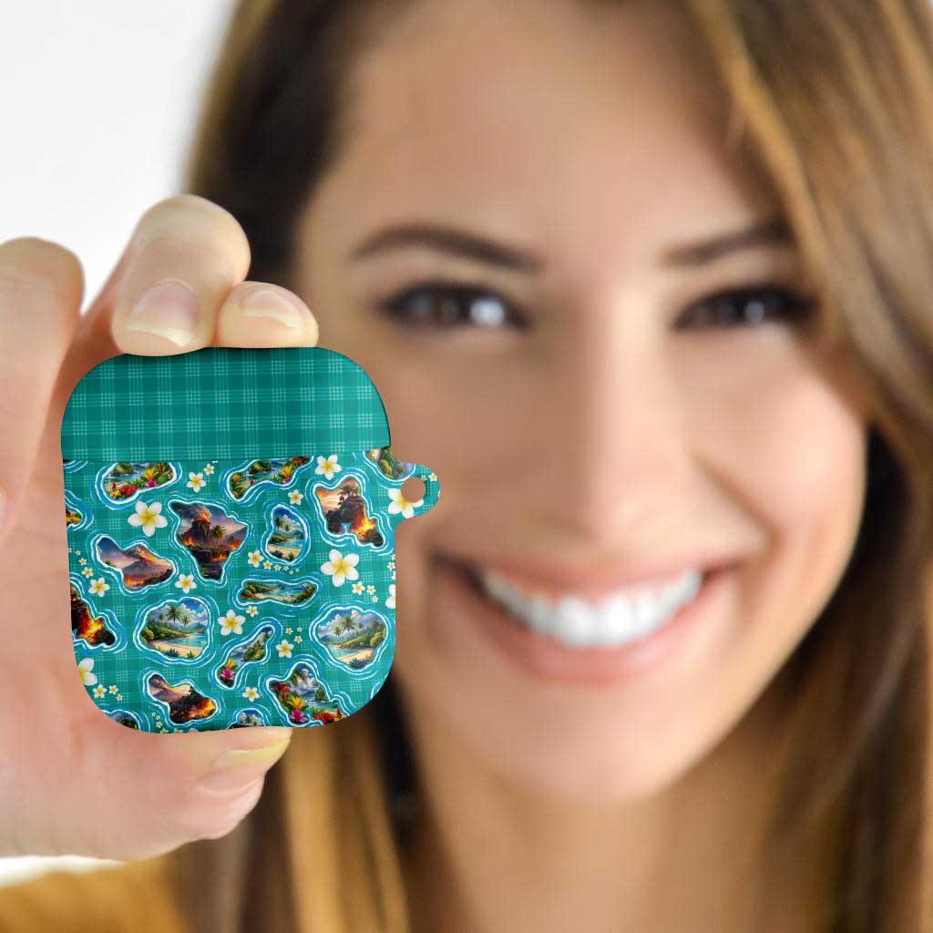Hawaii Map with Plumeria Flower and Palaka Pattern AirPods Case Tropical Island Teal Design