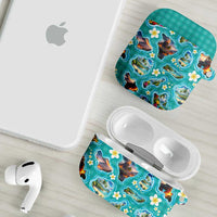 Hawaii Map with Plumeria Flower and Palaka Pattern AirPods Case Tropical Island Teal Design