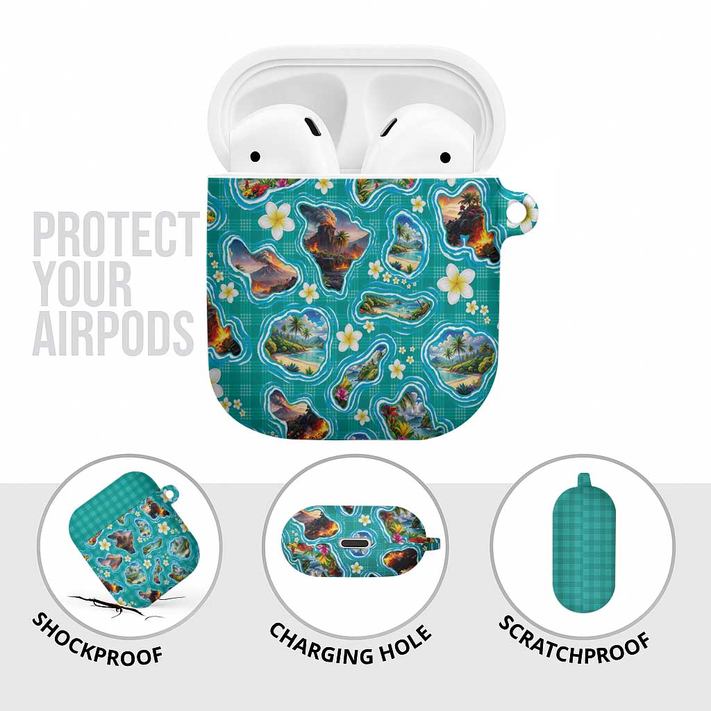 Hawaii Map with Plumeria Flower and Palaka Pattern AirPods Case Tropical Island Teal Design