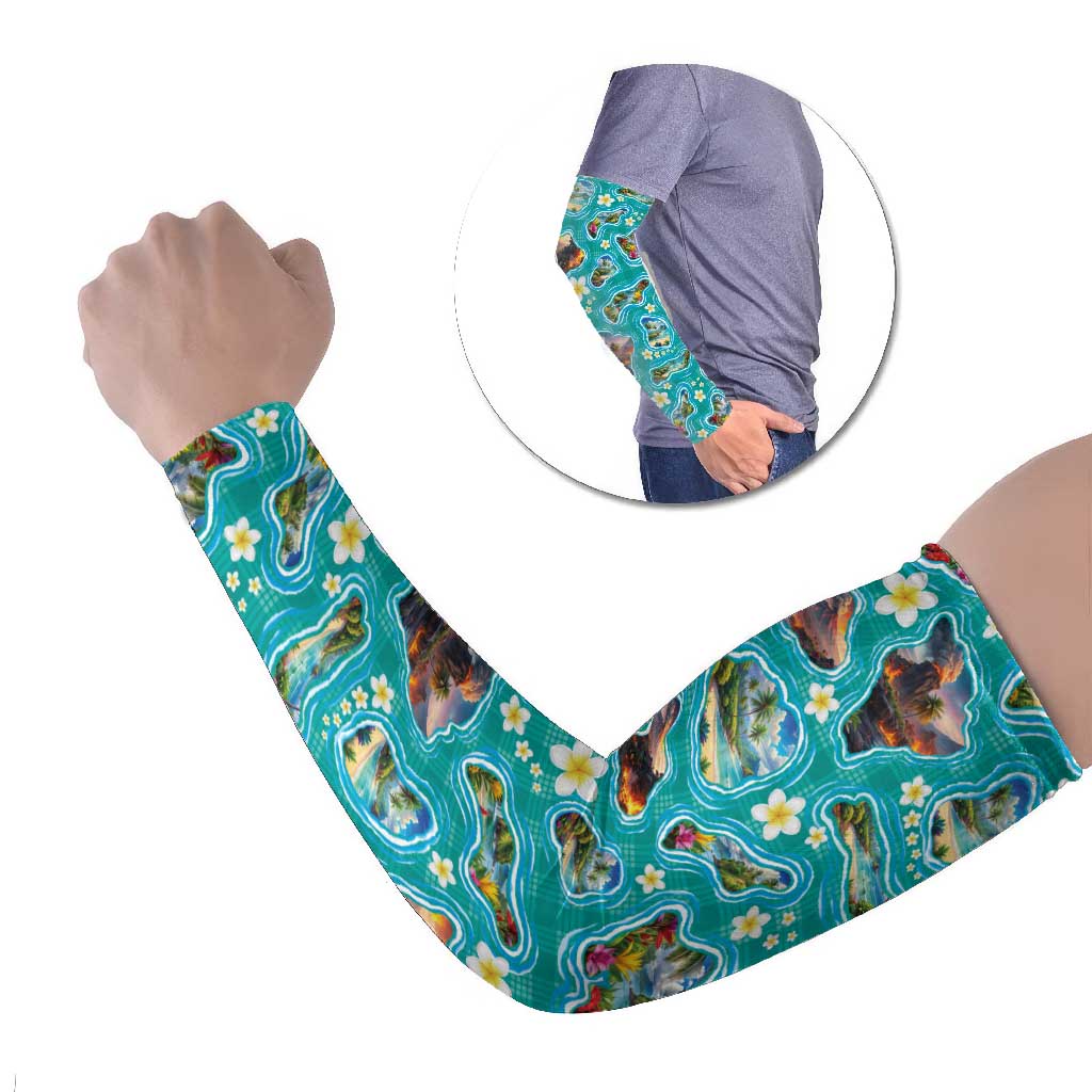 Hawaii Map with Plumeria Flower and Palaka Pattern Arm Sleeves Tropical Island Teal Design