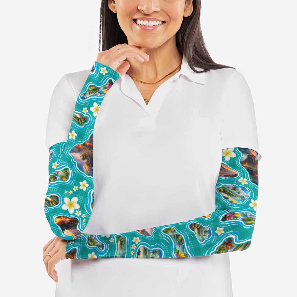Hawaii Map with Plumeria Flower and Palaka Pattern Arm Sleeves Tropical Island Teal Design