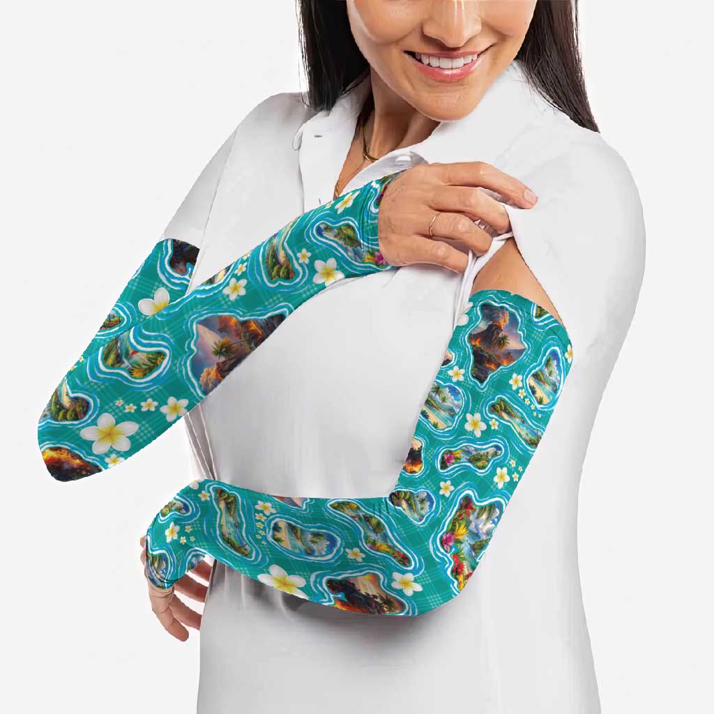 Hawaii Map with Plumeria Flower and Palaka Pattern Arm Sleeves Tropical Island Teal Design