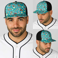 Hawaii Map with Plumeria Flower and Palaka Pattern Baseball Net Cap Tropical Island Teal Design
