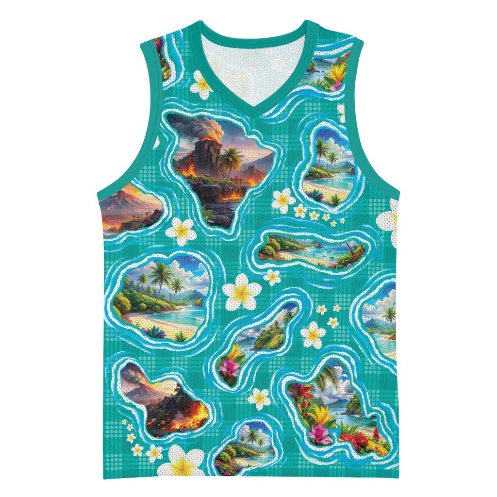 Hawaii Map with Plumeria Flower and Palaka Pattern Basketball Jersey Tropical Island Teal Design
