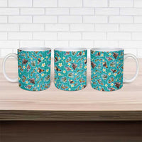 Hawaii Map with Plumeria Flower and Palaka Pattern Ceramic Mug Tropical Island Teal Design