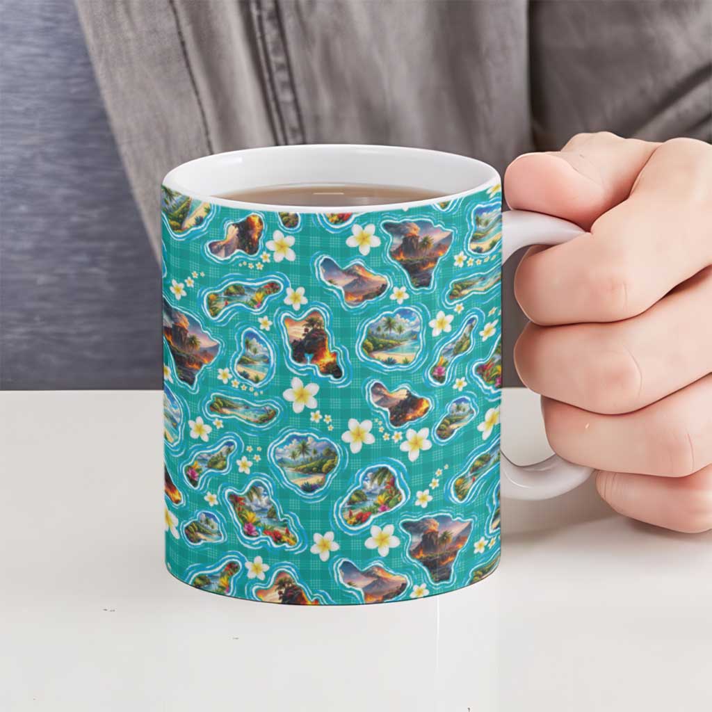 Hawaii Map with Plumeria Flower and Palaka Pattern Ceramic Mug Tropical Island Teal Design