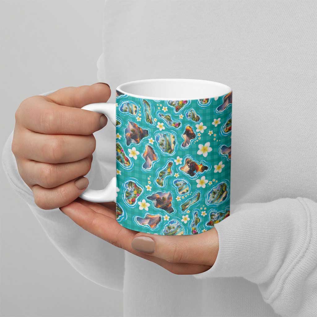 Hawaii Map with Plumeria Flower and Palaka Pattern Ceramic Mug Tropical Island Teal Design