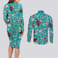 Hawaii Map with Plumeria Flower and Palaka Pattern Couples Matching Long Sleeve Bodycon Dress and Long Sleeve Button Shirt Tropical Island Teal Design