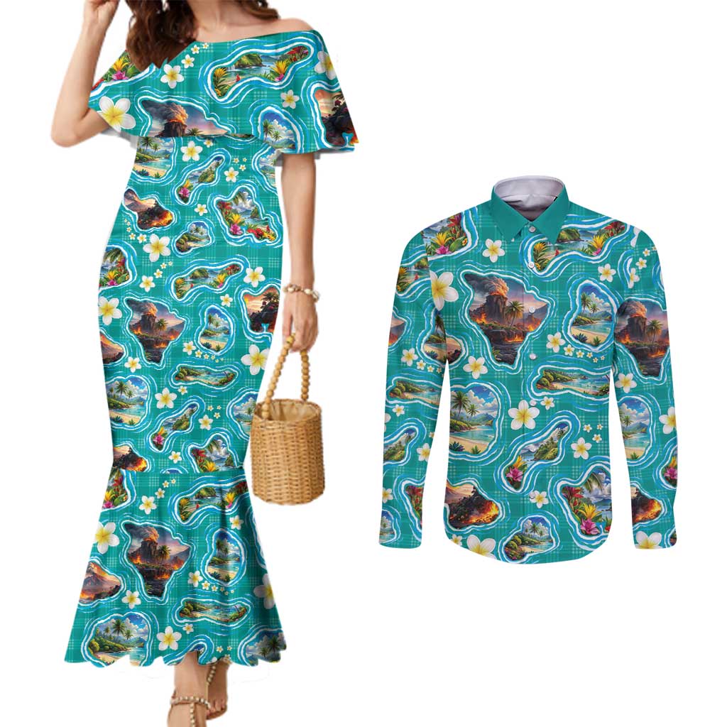 Hawaii Map with Plumeria Flower and Palaka Pattern Couples Matching Mermaid Dress and Long Sleeve Button Shirt Tropical Island Teal Design