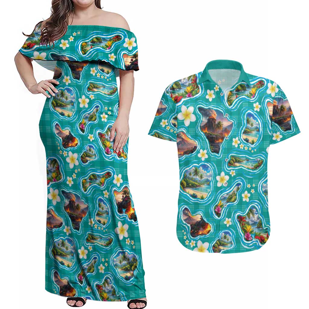 Hawaii Map with Plumeria Flower and Palaka Pattern Couples Matching Off Shoulder Maxi Dress and Hawaiian Shirt Tropical Island Teal Design
