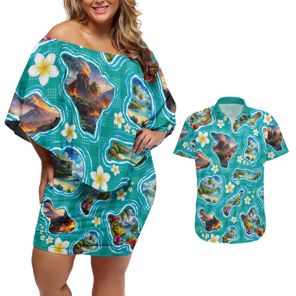 Hawaii Map with Plumeria Flower and Palaka Pattern Couples Matching Off Shoulder Short Dress and Hawaiian Shirt Tropical Island Teal Design