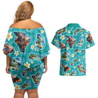Hawaii Map with Plumeria Flower and Palaka Pattern Couples Matching Off Shoulder Short Dress and Hawaiian Shirt Tropical Island Teal Design