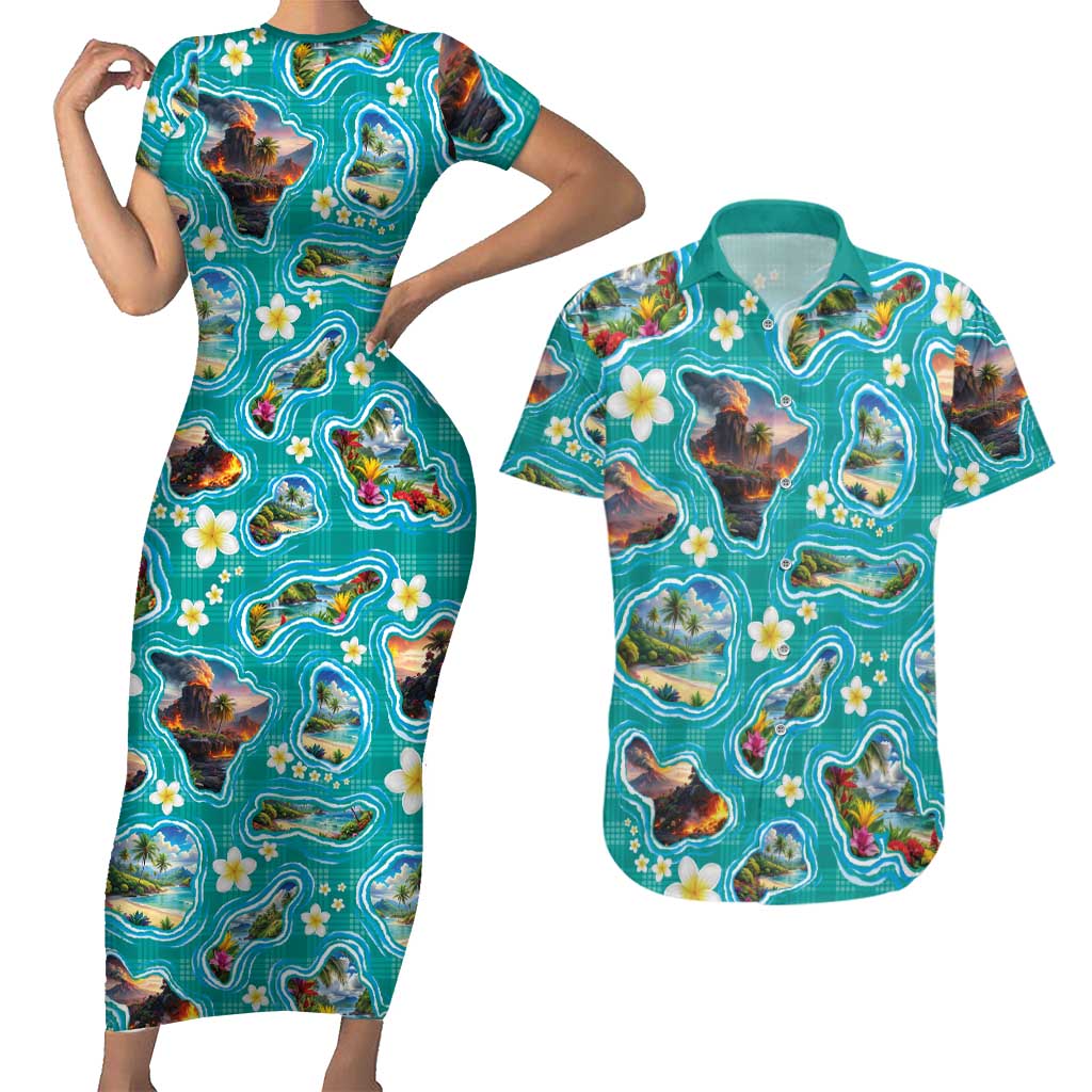 Hawaii Map with Plumeria Flower and Palaka Pattern Couples Matching Short Sleeve Bodycon Dress and Hawaiian Shirt Tropical Island Teal Design
