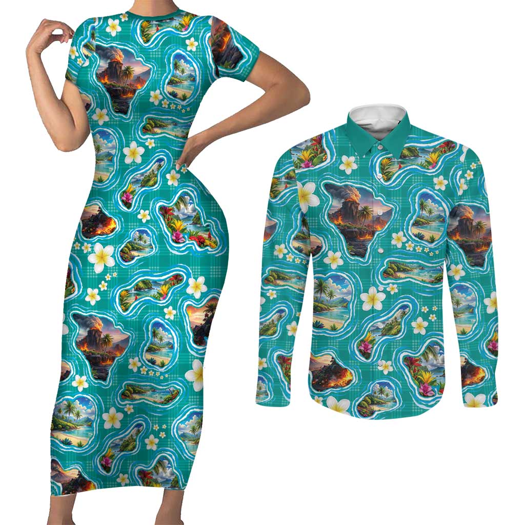Hawaii Map with Plumeria Flower and Palaka Pattern Couples Matching Short Sleeve Bodycon Dress and Long Sleeve Button Shirt Tropical Island Teal Design LT03 Teal - Polynesian Pride