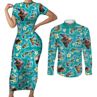 Hawaii Map with Plumeria Flower and Palaka Pattern Couples Matching Short Sleeve Bodycon Dress and Long Sleeve Button Shirt Tropical Island Teal Design LT03 Teal - Polynesian Pride