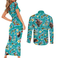 Hawaii Map with Plumeria Flower and Palaka Pattern Couples Matching Short Sleeve Bodycon Dress and Long Sleeve Button Shirt Tropical Island Teal Design LT03 - Polynesian Pride