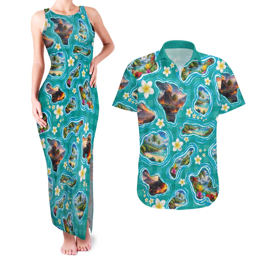 Hawaii Map with Plumeria Flower and Palaka Pattern Couples Matching Tank Maxi Dress and Hawaiian Shirt Tropical Island Teal Design