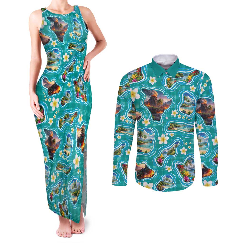 Hawaii Map with Plumeria Flower and Palaka Pattern Couples Matching Tank Maxi Dress and Long Sleeve Button Shirt Tropical Island Teal Design