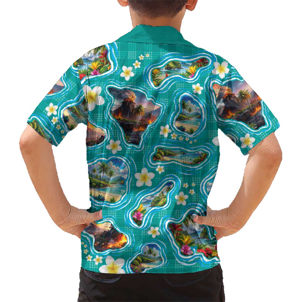 Hawaii Map with Plumeria Flower and Palaka Pattern Family Matching Mermaid Dress and Hawaiian Shirt Tropical Island Teal Design