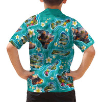 Hawaii Map with Plumeria Flower and Palaka Pattern Family Matching Mermaid Dress and Hawaiian Shirt Tropical Island Teal Design