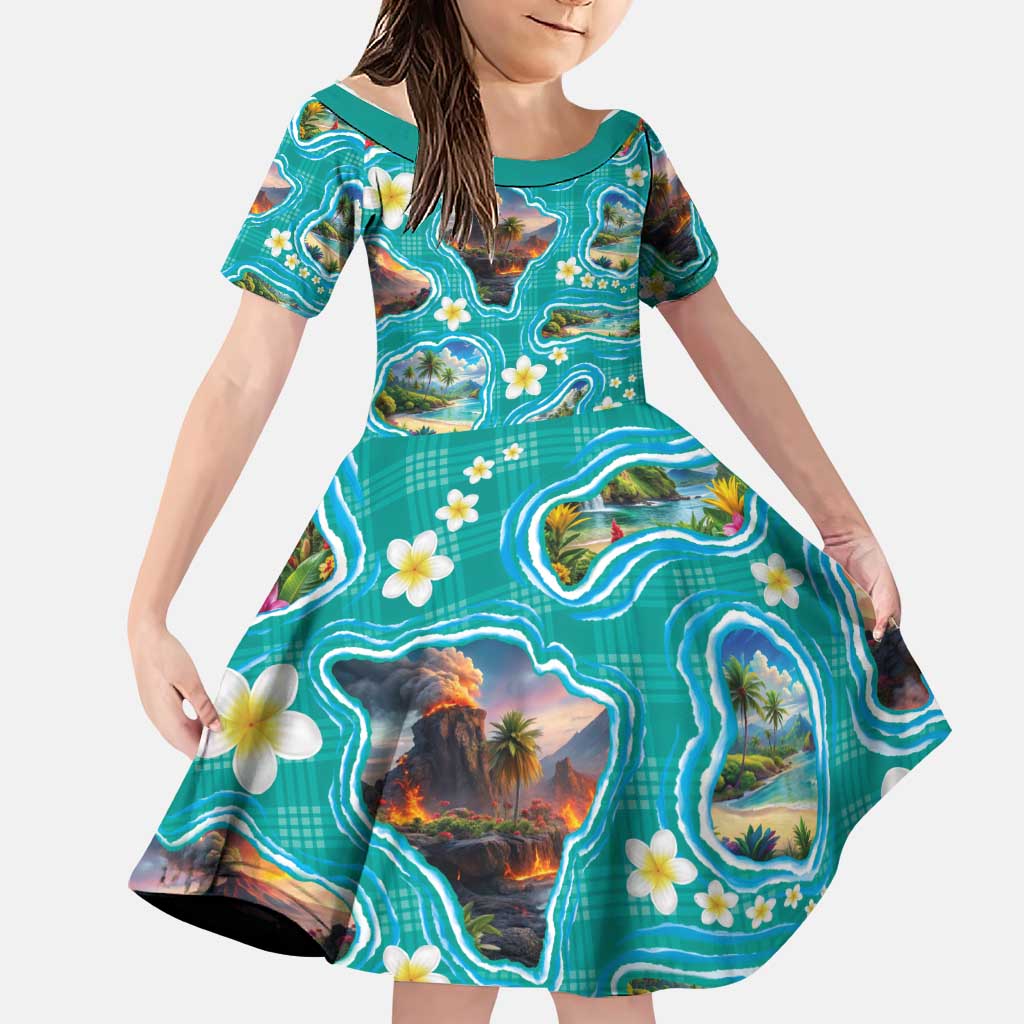 Hawaii Map with Plumeria Flower and Palaka Pattern Family Matching Mermaid Dress and Hawaiian Shirt Tropical Island Teal Design