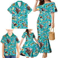 Hawaii Map with Plumeria Flower and Palaka Pattern Family Matching Mermaid Dress and Hawaiian Shirt Tropical Island Teal Design