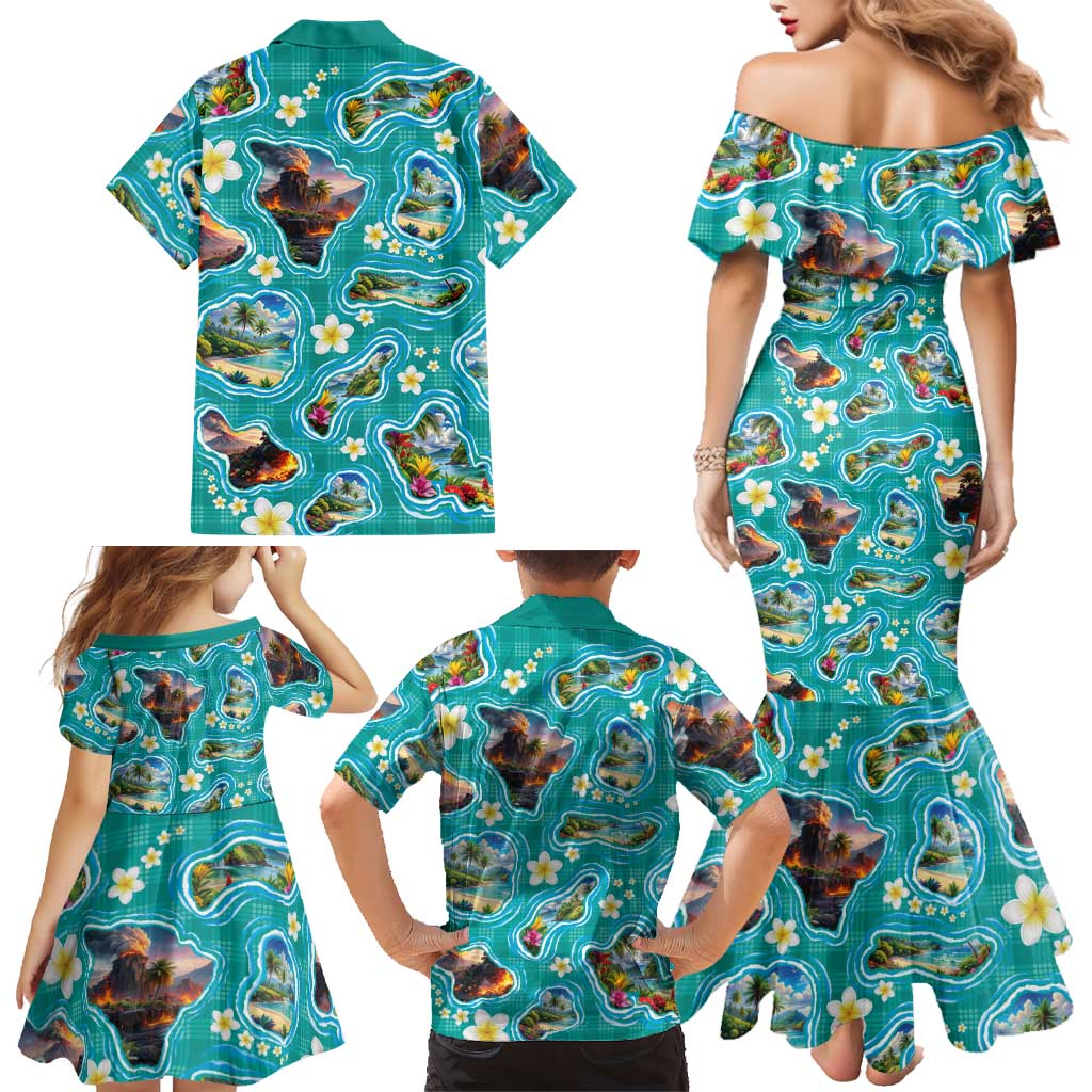 Hawaii Map with Plumeria Flower and Palaka Pattern Family Matching Mermaid Dress and Hawaiian Shirt Tropical Island Teal Design
