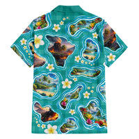 Hawaii Map with Plumeria Flower and Palaka Pattern Family Matching Mermaid Dress and Hawaiian Shirt Tropical Island Teal Design