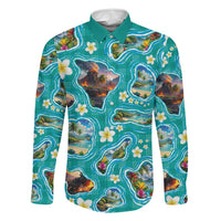 Hawaii Map with Plumeria Flower and Palaka Pattern Family Matching Mermaid Dress and Hawaiian Shirt Tropical Island Teal Design