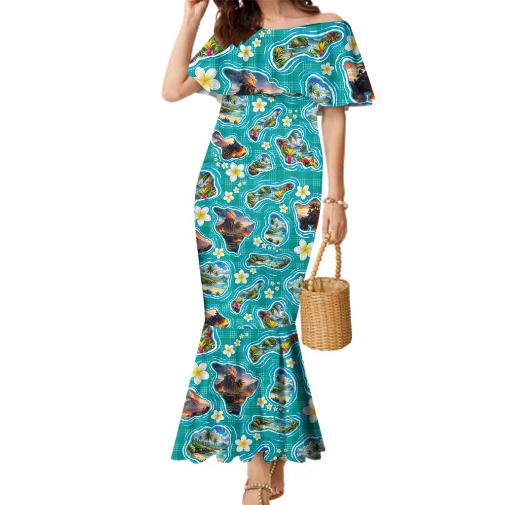Hawaii Map with Plumeria Flower and Palaka Pattern Family Matching Mermaid Dress and Hawaiian Shirt Tropical Island Teal Design