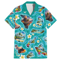 Hawaii Map with Plumeria Flower and Palaka Pattern Family Matching Off The Shoulder Long Sleeve Dress and Hawaiian Shirt Tropical Island Teal Design