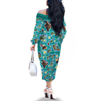 Hawaii Map with Plumeria Flower and Palaka Pattern Family Matching Off The Shoulder Long Sleeve Dress and Hawaiian Shirt Tropical Island Teal Design
