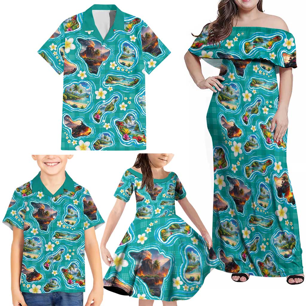 Hawaii Map with Plumeria Flower and Palaka Pattern Family Matching Off Shoulder Maxi Dress and Hawaiian Shirt Tropical Island Teal Design