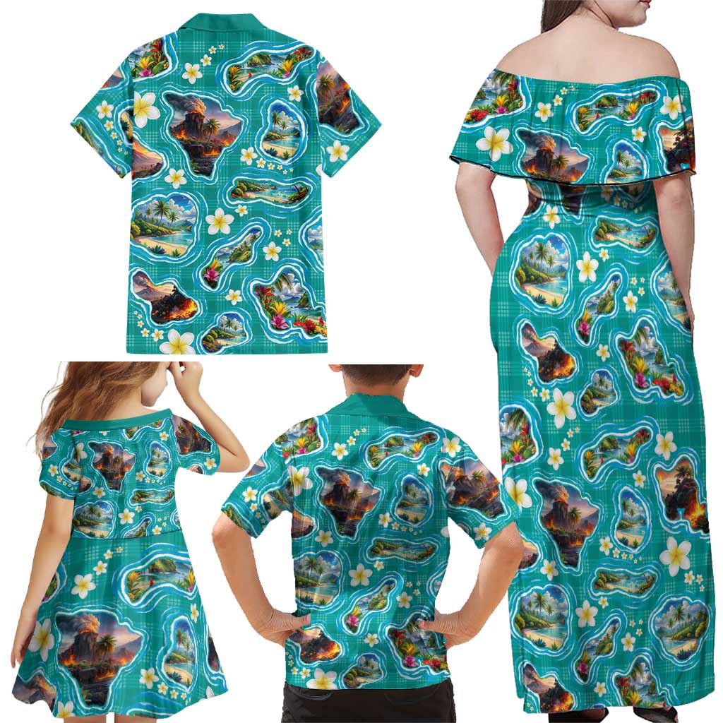 Hawaii Map with Plumeria Flower and Palaka Pattern Family Matching Off Shoulder Maxi Dress and Hawaiian Shirt Tropical Island Teal Design