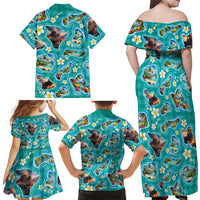 Hawaii Map with Plumeria Flower and Palaka Pattern Family Matching Off Shoulder Maxi Dress and Hawaiian Shirt Tropical Island Teal Design