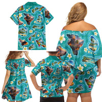 Hawaii Map with Plumeria Flower and Palaka Pattern Family Matching Off Shoulder Short Dress and Hawaiian Shirt Tropical Island Teal Design