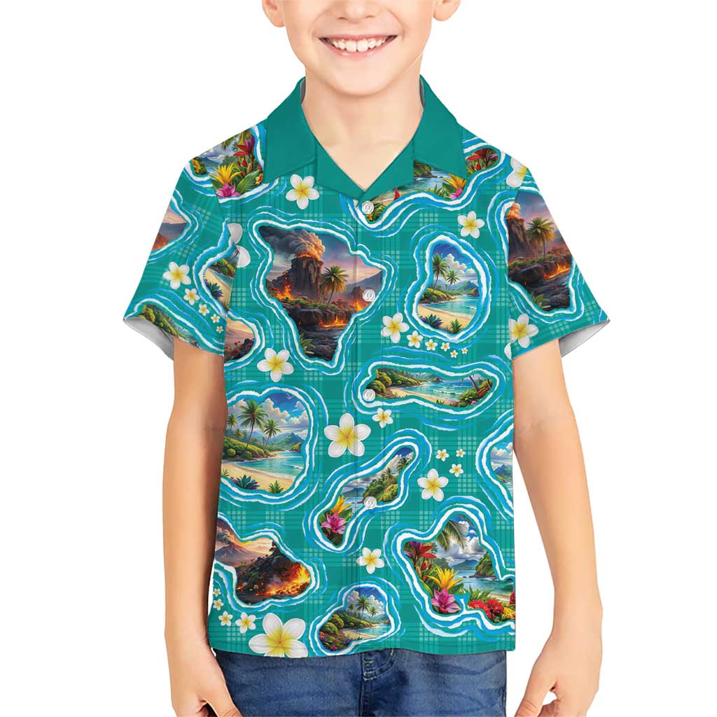 Hawaii Map with Plumeria Flower and Palaka Pattern Family Matching Off Shoulder Short Dress and Hawaiian Shirt Tropical Island Teal Design