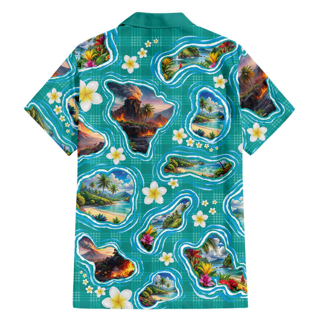 Hawaii Map with Plumeria Flower and Palaka Pattern Family Matching Puletasi and Hawaiian Shirt Tropical Island Teal Design