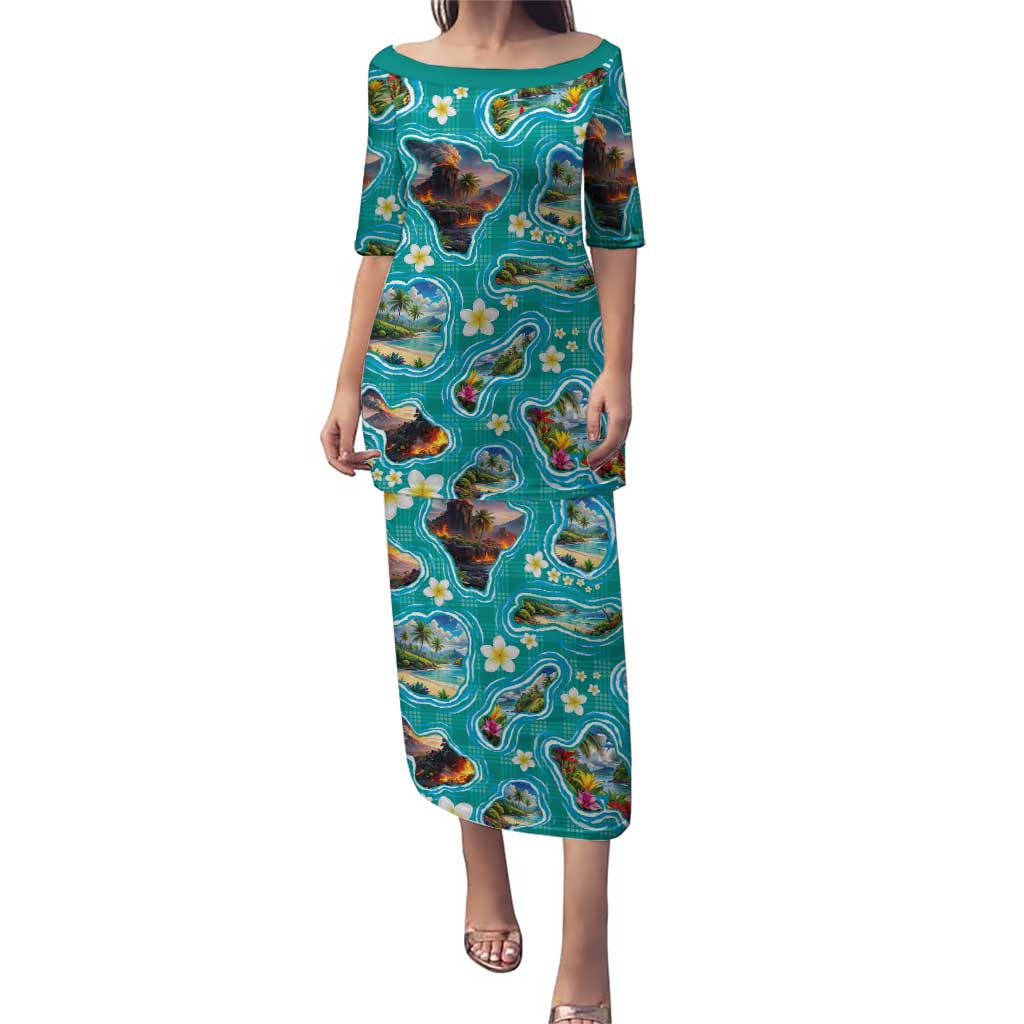 Hawaii Map with Plumeria Flower and Palaka Pattern Family Matching Puletasi and Hawaiian Shirt Tropical Island Teal Design