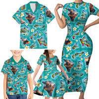 Hawaii Map with Plumeria Flower and Palaka Pattern Family Matching Short Sleeve Bodycon Dress and Hawaiian Shirt Tropical Island Teal Design