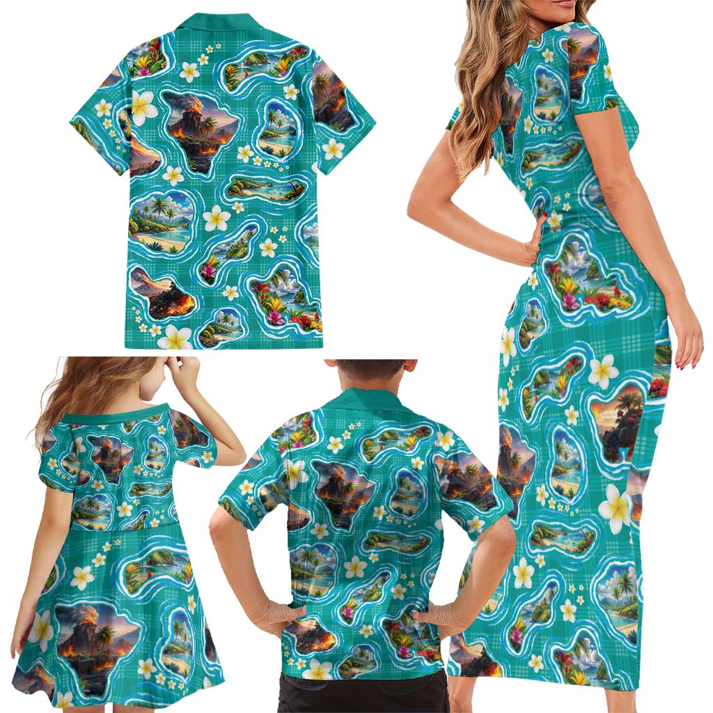 Hawaii Map with Plumeria Flower and Palaka Pattern Family Matching Short Sleeve Bodycon Dress and Hawaiian Shirt Tropical Island Teal Design