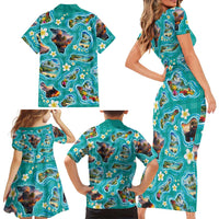 Hawaii Map with Plumeria Flower and Palaka Pattern Family Matching Short Sleeve Bodycon Dress and Hawaiian Shirt Tropical Island Teal Design