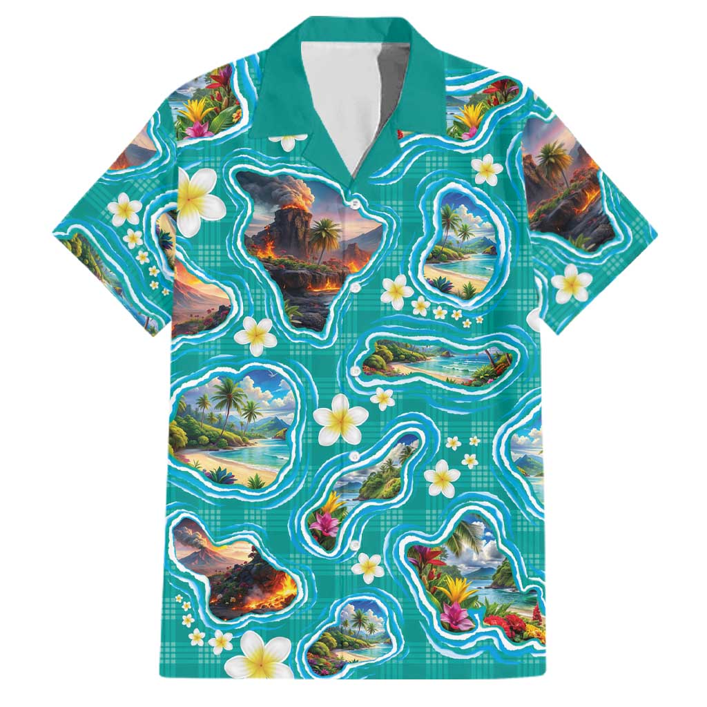 Hawaii Map with Plumeria Flower and Palaka Pattern Family Matching Short Sleeve Bodycon Dress and Hawaiian Shirt Tropical Island Teal Design