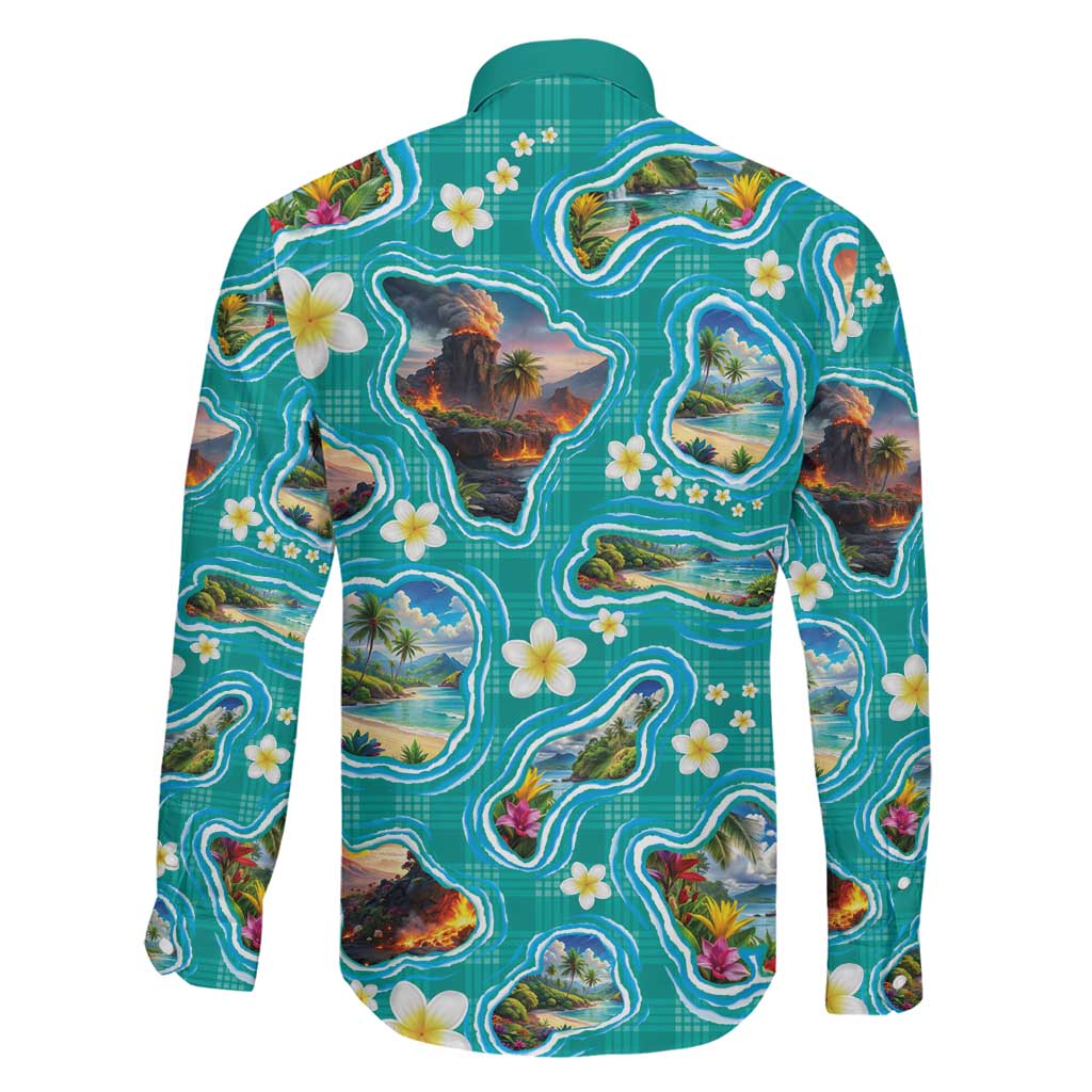 Hawaii Map with Plumeria Flower and Palaka Pattern Family Matching Short Sleeve Bodycon Dress and Hawaiian Shirt Tropical Island Teal Design