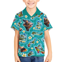 Hawaii Map with Plumeria Flower and Palaka Pattern Family Matching Short Sleeve Bodycon Dress and Hawaiian Shirt Tropical Island Teal Design