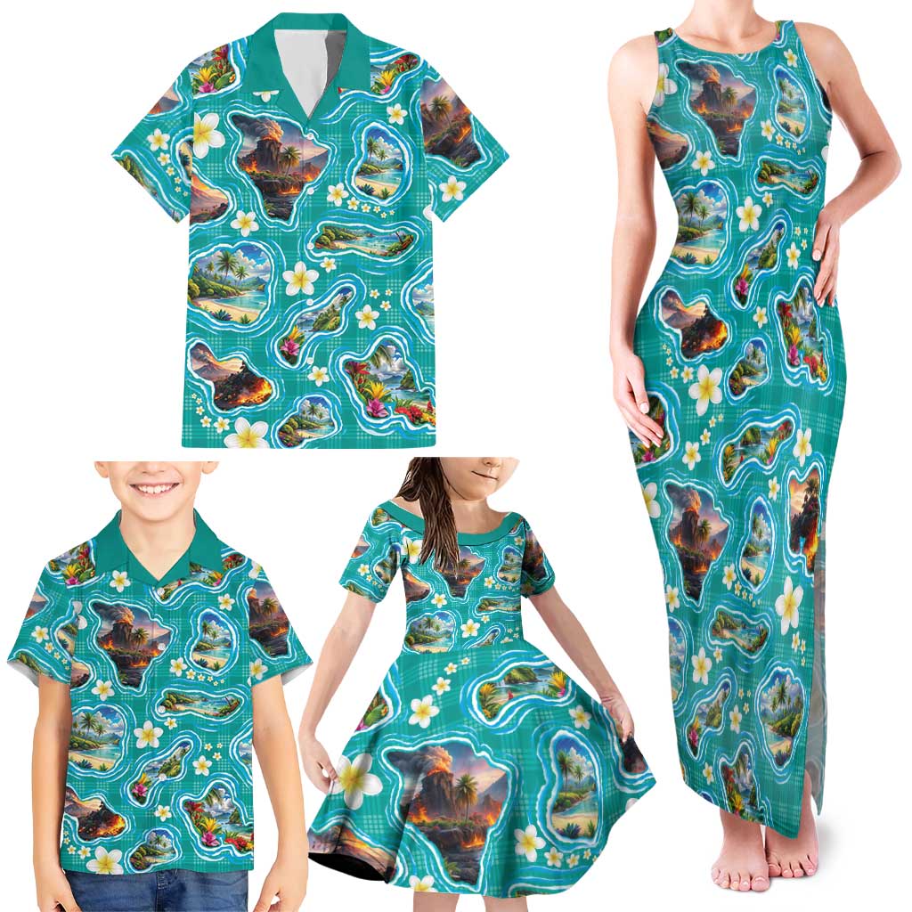 Hawaii Map with Plumeria Flower and Palaka Pattern Family Matching Tank Maxi Dress and Hawaiian Shirt Tropical Island Teal Design