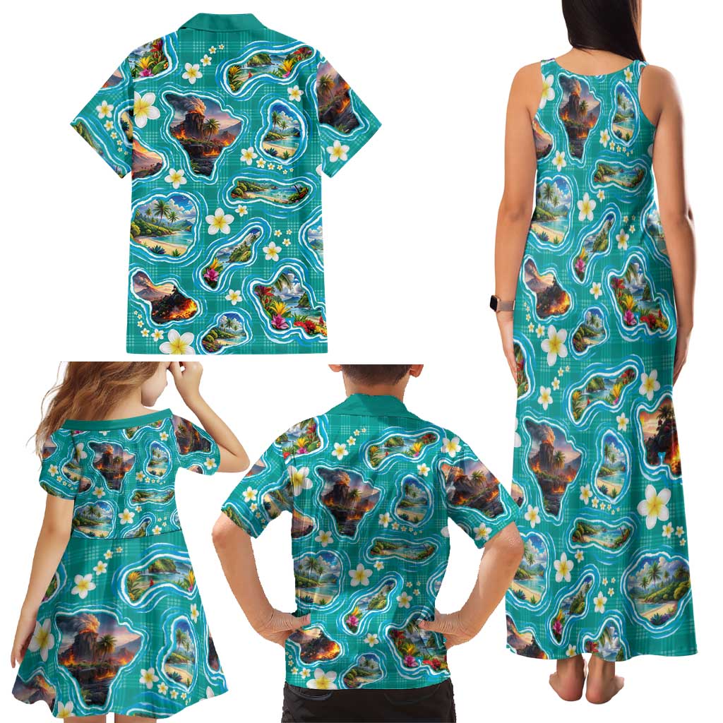 Hawaii Map with Plumeria Flower and Palaka Pattern Family Matching Tank Maxi Dress and Hawaiian Shirt Tropical Island Teal Design