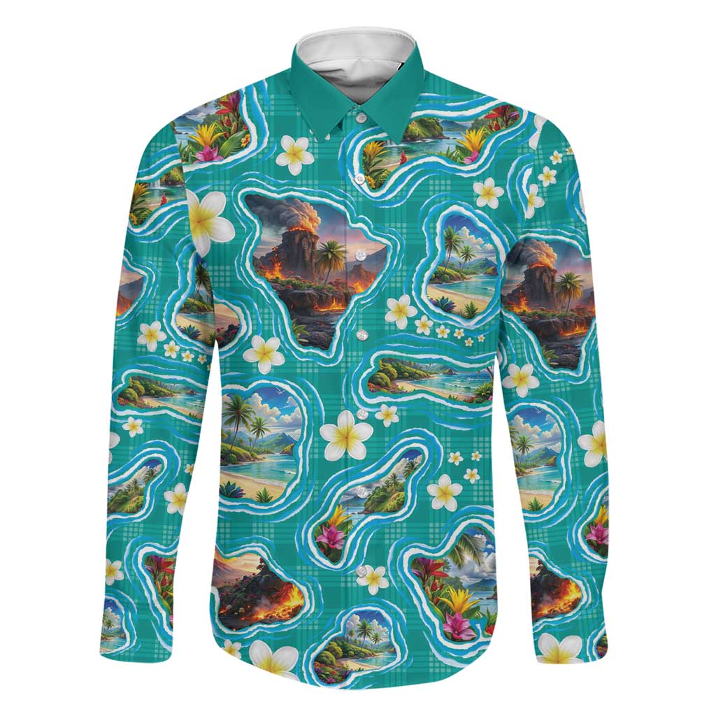 Hawaii Map with Plumeria Flower and Palaka Pattern Family Matching Tank Maxi Dress and Hawaiian Shirt Tropical Island Teal Design