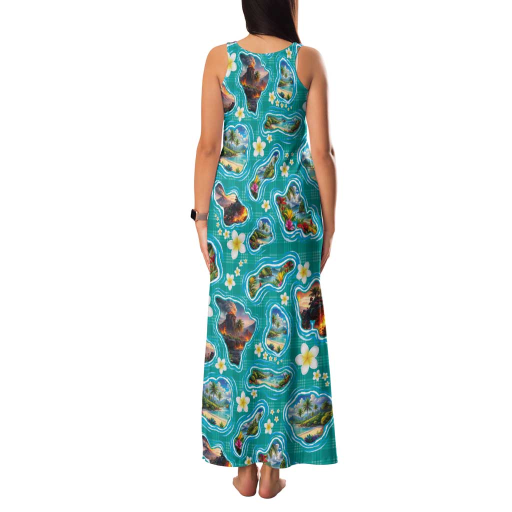 Hawaii Map with Plumeria Flower and Palaka Pattern Family Matching Tank Maxi Dress and Hawaiian Shirt Tropical Island Teal Design