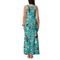 Hawaii Map with Plumeria Flower and Palaka Pattern Family Matching Tank Maxi Dress and Hawaiian Shirt Tropical Island Teal Design